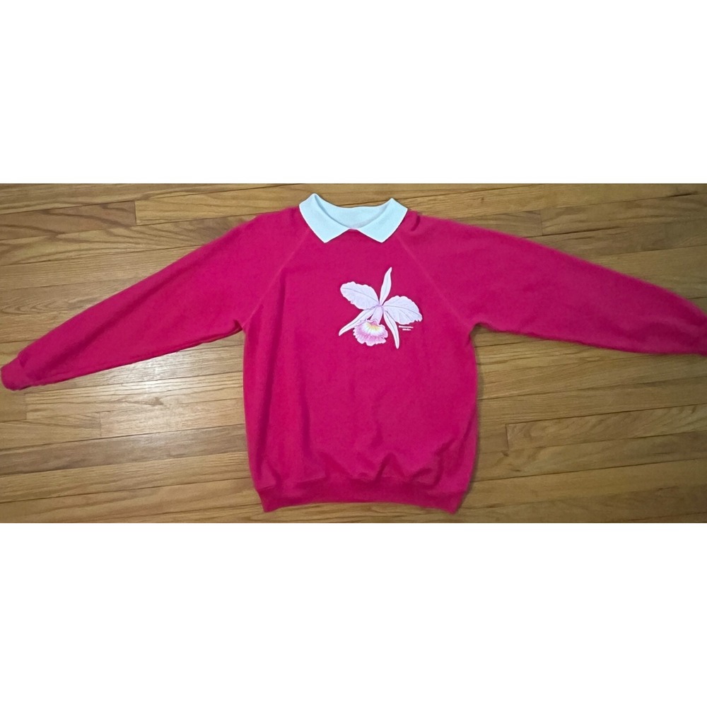 Vintage Morning Sun Pink Flower Collared Granny Chic Sweatshirt Women L USA Made